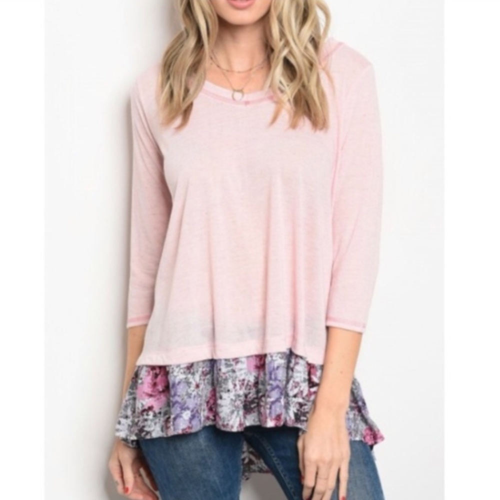 Oddy Pink Slub Knot Top with Floral Ruffle Hem
